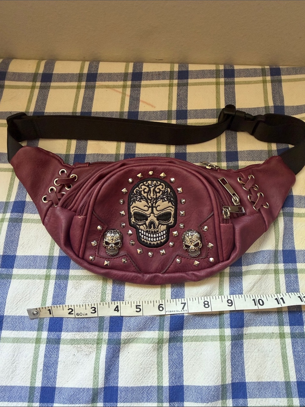 Studded Skull PU Leather Waist Bag - Burgundy